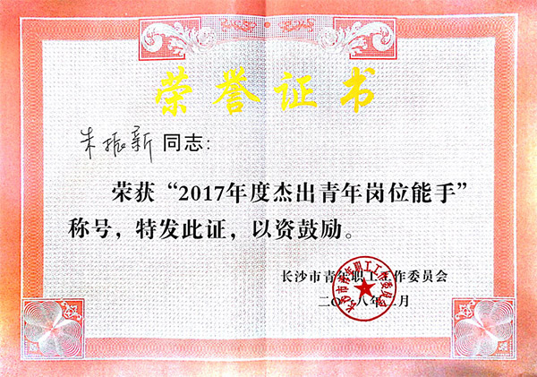 3499拉斯维加斯线路智能朱振新荣获长沙市2017年度卓越青年岗位能手